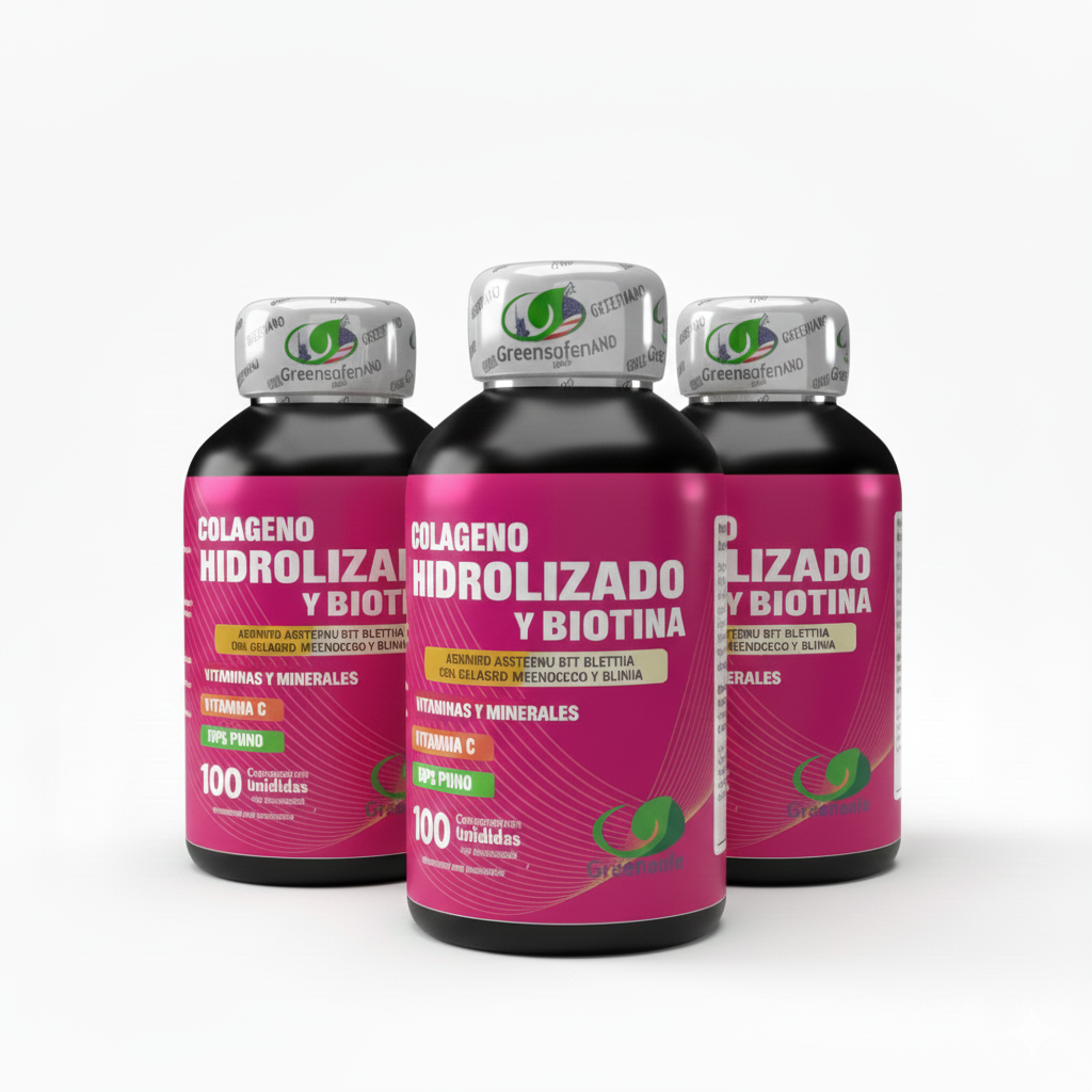 PACK X3 Colágeno Hidrolizado + Biotina + Vitamina C GreenSofg (300 Unidades) – Tratamiento 3 Meses para Piel Firme y Cabello Anticaída