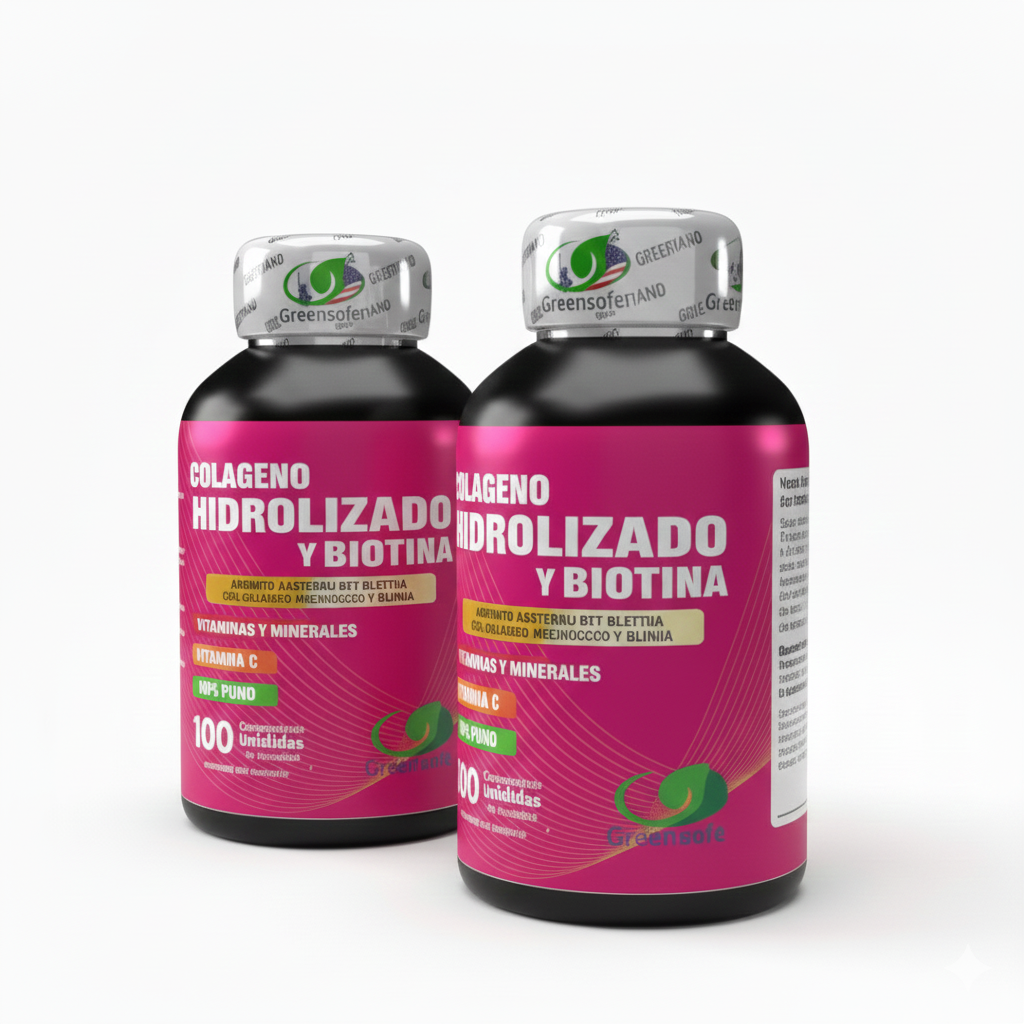 COMBO X2 Colágeno Hidrolizado + Biotina + Vitamina C GreenSofg (200 Cápsulas) – Doble Tratamiento para Piel Firme y Anticaída