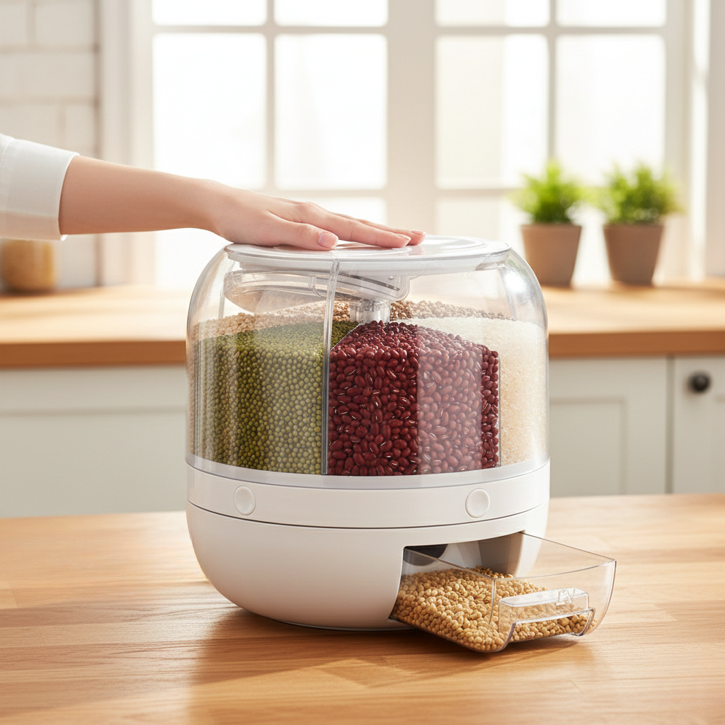 Dispensador y Organizador de Granos 6 en 1 Giratorio 360° (8L) - Contenedor Hermético para Arroz, Cereales y Pasta