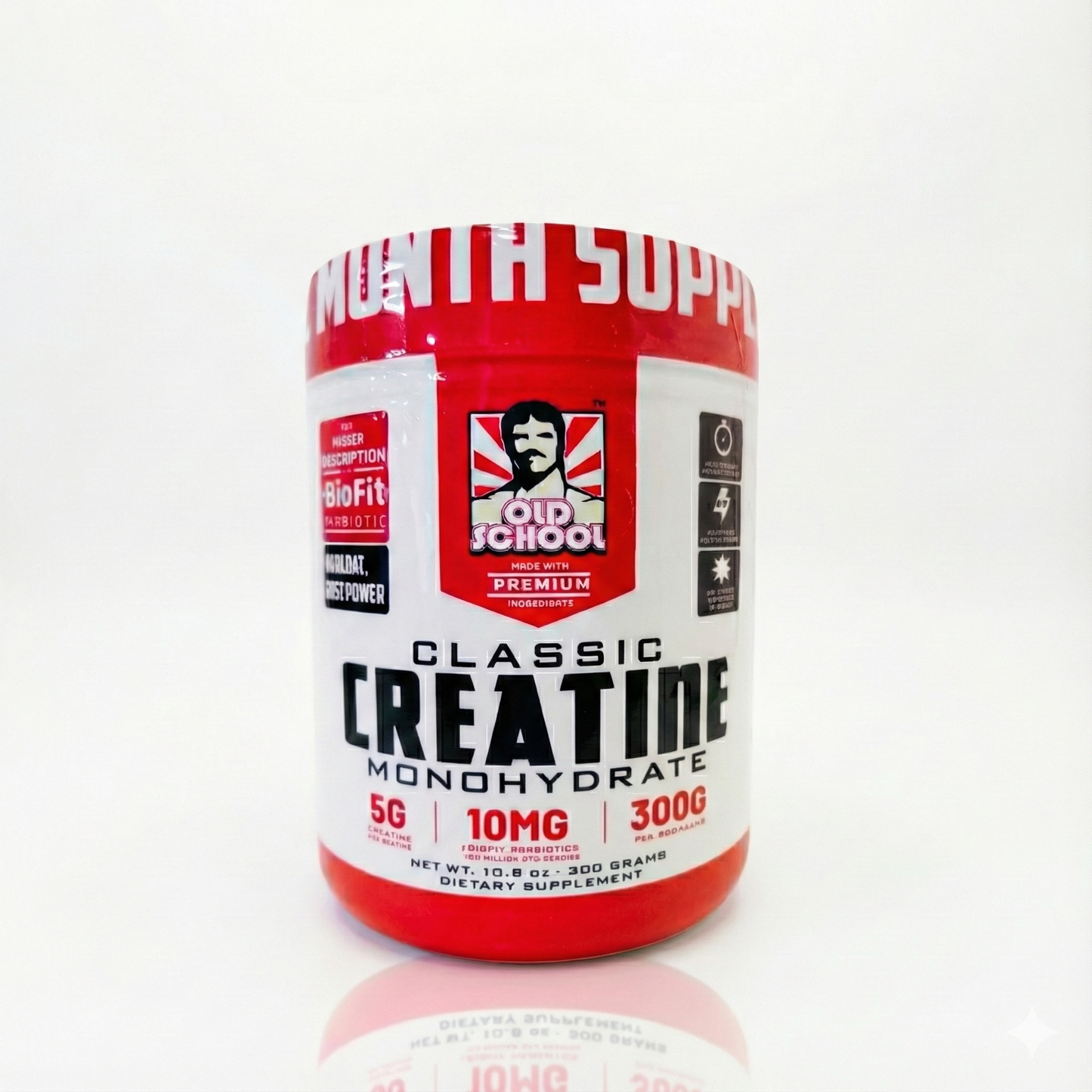 Creatina Monohidratada Pura Old School Classic (300g) – Fuerza, Volumen y Absorción Máxima con Probióticos BioFit®