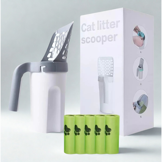 Pala Recogedora de Arena para Gatos 2 en 1 con Depósito y Bolsas - Limpieza Rápida, Higiénica y Sin Contacto