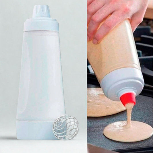 Dispensador y Termo Mezclador 2 en 1 (Viral) - Botella Anti-Derrames con Bola Batidora para Pancakes, Waffles y Salsas