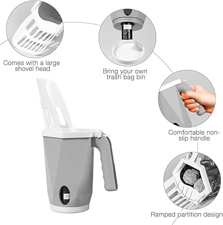 Pala Recogedora de Arena para Gatos 2 en 1 con Depósito y Bolsas - Limpieza Rápida, Higiénica y Sin Contacto
