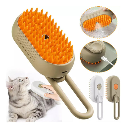 Cepillo a Vapor Recargable 3 en 1 para Mascotas - Desenreda, Masajea y Reduce la Caída del Pelo de Perros y Gatos