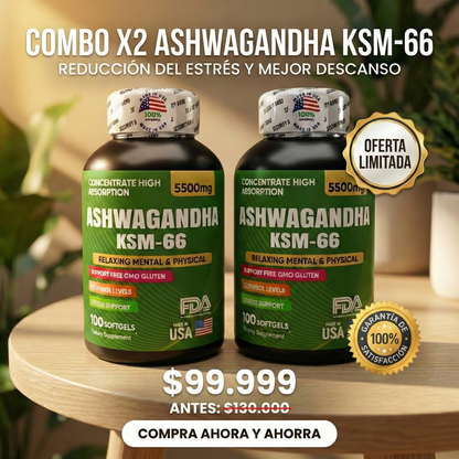 COMBO X2 Ashwagandha KSM-66® x200 Cápsulas (Americano) – Adaptógeno Antiestrés, Doble Suministro para Calma Mental y Energía Natural