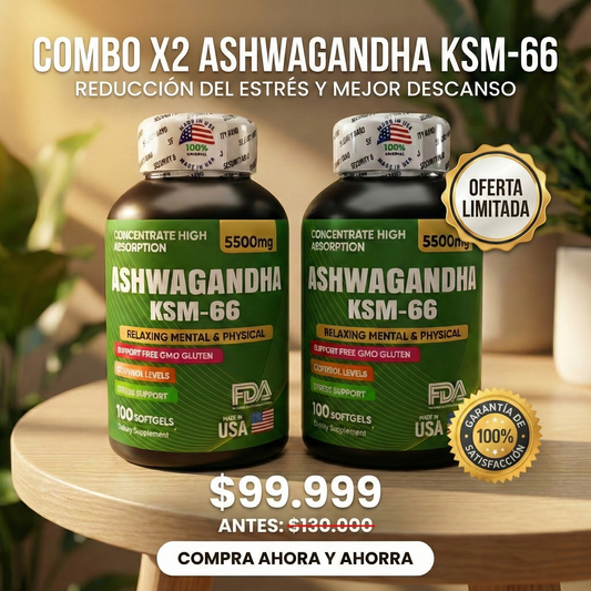 COMBO X2 Ashwagandha KSM-66® x200 Cápsulas (Americano) – Adaptógeno Antiestrés, Doble Suministro para Calma Mental y Energía Natural