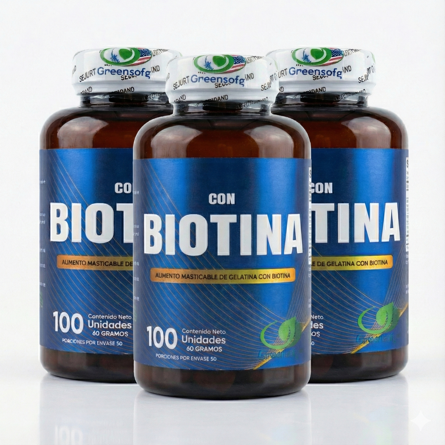 PACK AHORRO X3 Biotina Masticable Greensofg (300 Unidades) – Tratamiento 90 Días para Cabello Anticaída, Uñas Fuertes y Piel Radiante