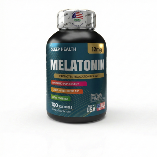 Melatonina Americana 12mg (x100 Softgels) – Dosis Alta para Sueño Profundo, Insomnio Ocasional y Relajación Natural