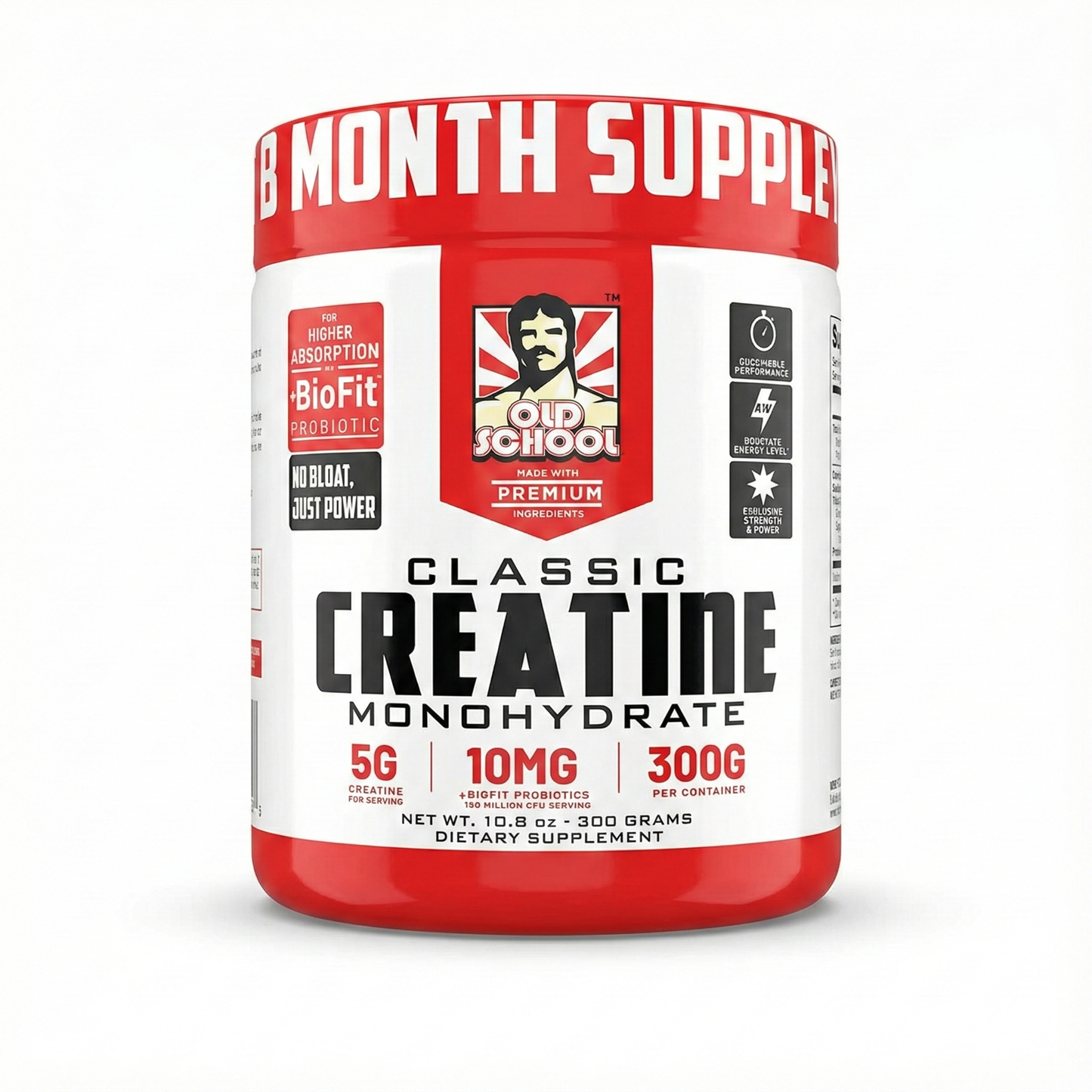 Creatina Monohidratada Pura Old School Classic (300g) – Fuerza, Volumen y Absorción Máxima con Probióticos BioFit®
