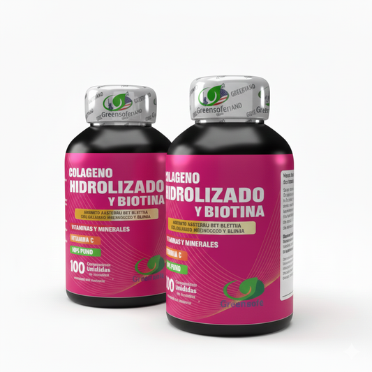 COMBO X2 Colágeno Hidrolizado + Biotina + Vitamina C GreenSofg (200 Cápsulas) – Doble Tratamiento para Piel Firme y Anticaída