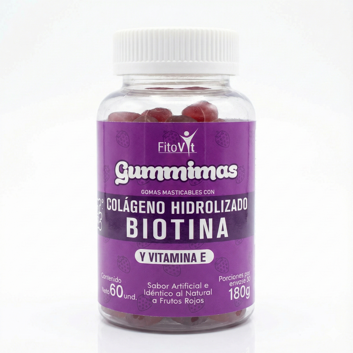 Gomitas Biotina + Colágeno + Vitamina E Fitovit (x60) – Fórmula 3 en 1 para Cabello, Piel Firme y Uñas Fuertes ¡Sabor Frutos Rojos!