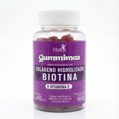 Gomitas Biotina + Colágeno + Vitamina E Fitovit (x60) – Fórmula 3 en 1 para Cabello, Piel Firme y Uñas Fuertes ¡Sabor Frutos Rojos!