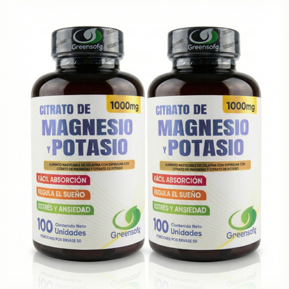 COMBO X2 Citrato de Magnesio y Potasio Greensofg (200 Cápsulas) – Máxima Absorción, Doble Suministro para Sueño, Energía y Anti-Calambres
