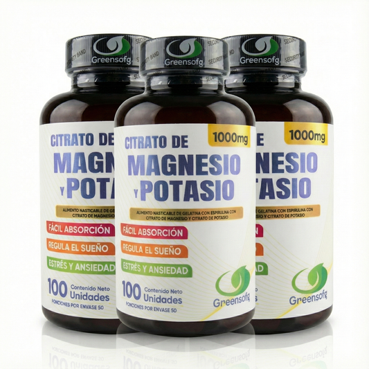 PACK AHORRO X3 Citrato de Magnesio y Potasio Greensofg (300 Cápsulas) – Máxima Absorción, Sueño, Energía y Anti-Calambres
