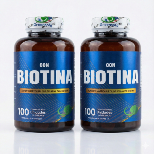 COMBO X2 Biotina Masticable Greensofg (200 Unidades) – Tratamiento 60 Días para Cabello Anticaída, Uñas Fuertes y Energía