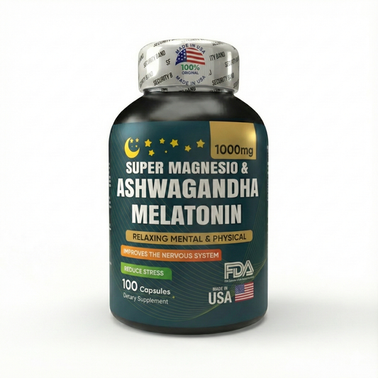 Súper Magnesio Triple + Ashwagandha KSM-66® + Melatonina 12mg (x100 Cápsulas) – Fórmula 3 en 1 para Sueño Profundo y Calma Total