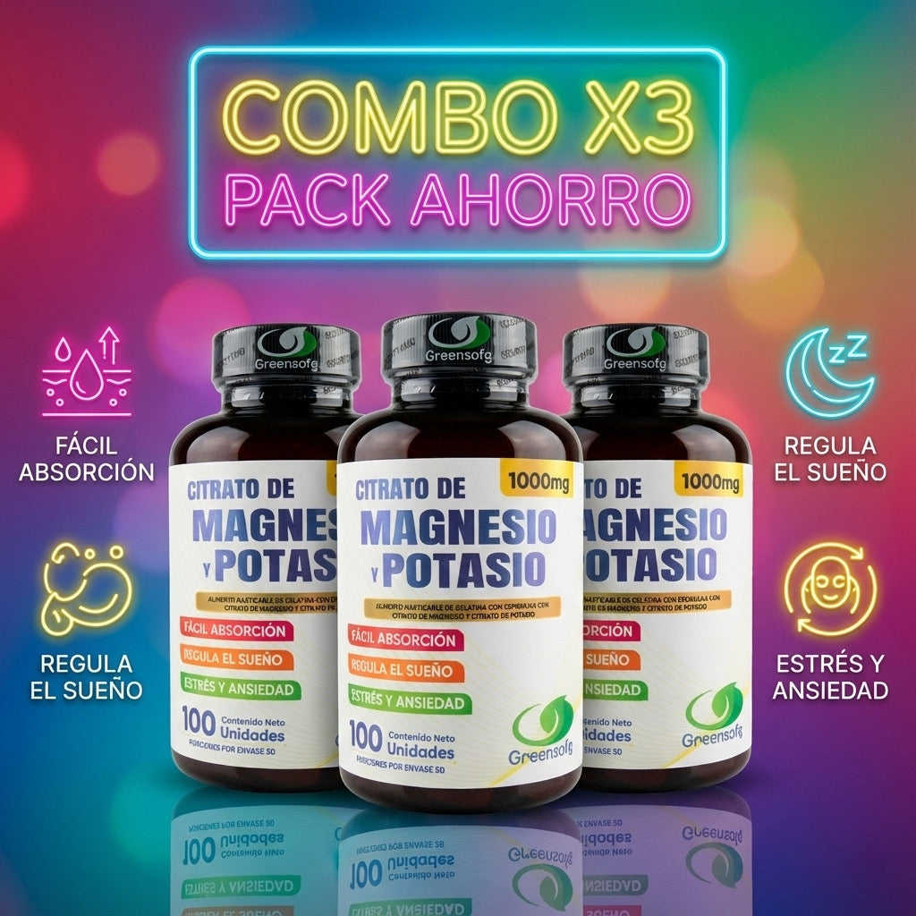 PACK AHORRO X3 Citrato de Magnesio y Potasio Greensofg (300 Cápsulas) – Máxima Absorción, Sueño, Energía y Anti-Calambres