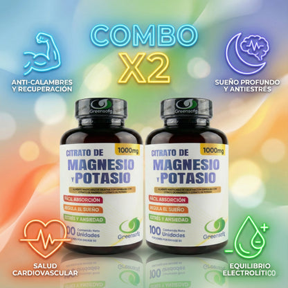 COMBO X2 Citrato de Magnesio y Potasio Greensofg (200 Cápsulas) – Máxima Absorción, Doble Suministro para Sueño, Energía y Anti-Calambres