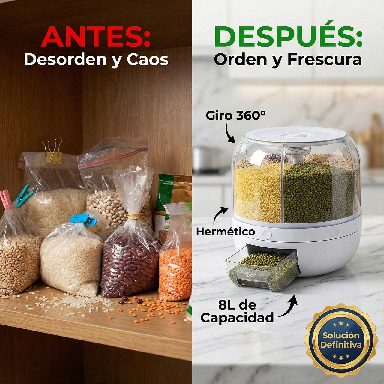 Dispensador y Organizador de Granos 6 en 1 Giratorio 360° (8L) - Contenedor Hermético para Arroz, Cereales y Pasta
