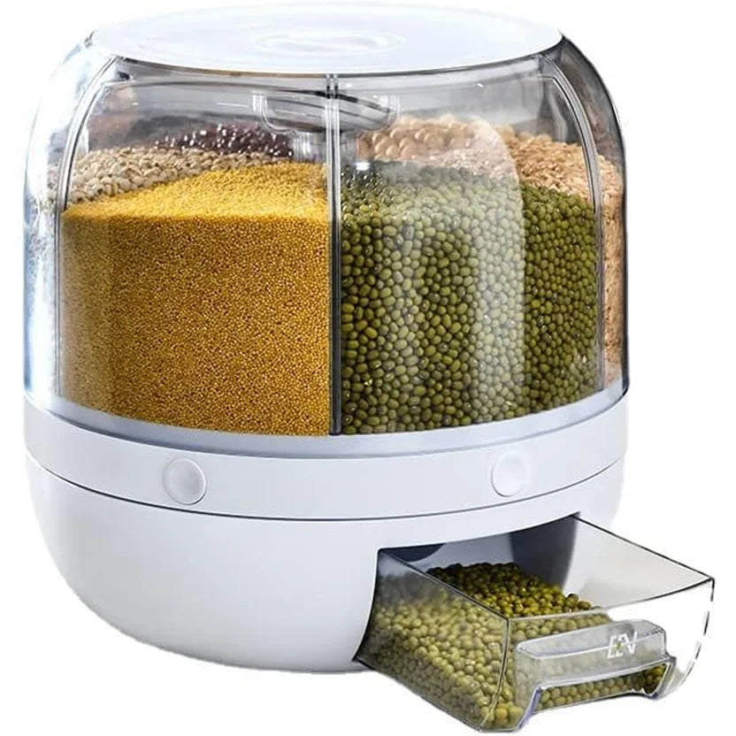Dispensador y Organizador de Granos 6 en 1 Giratorio 360° (8L) - Contenedor Hermético para Arroz, Cereales y Pasta