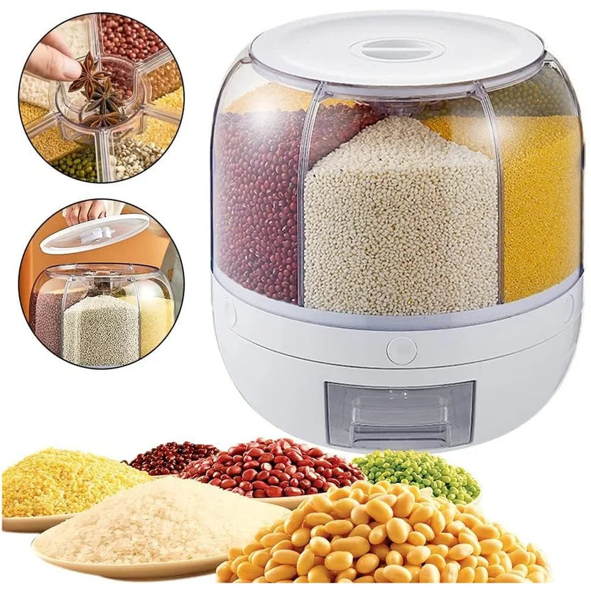 Dispensador y Organizador de Granos 6 en 1 Giratorio 360° (8L) - Contenedor Hermético para Arroz, Cereales y Pasta